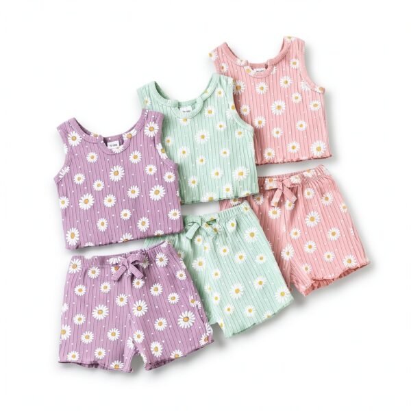 Baby Girls Cotton Flower Print Tank Top Shorts Set Outfit-1
