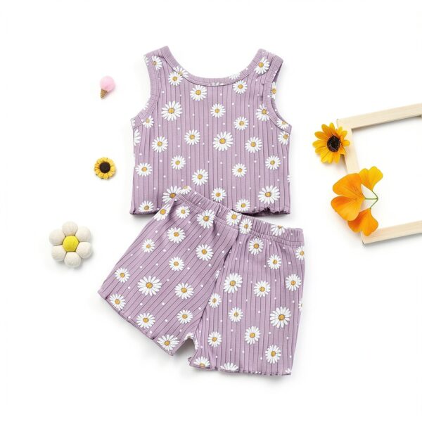 Baby Girls Cotton Flower Print Tank Top Shorts Set Outfit-3