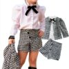 LXXIASHI Baby Girl Outfit Plaid Cardigan Bow Tie Shirt-0