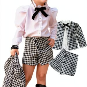 LXXIASHI Baby Girl Outfit Plaid Cardigan Bow Tie Shirt-0