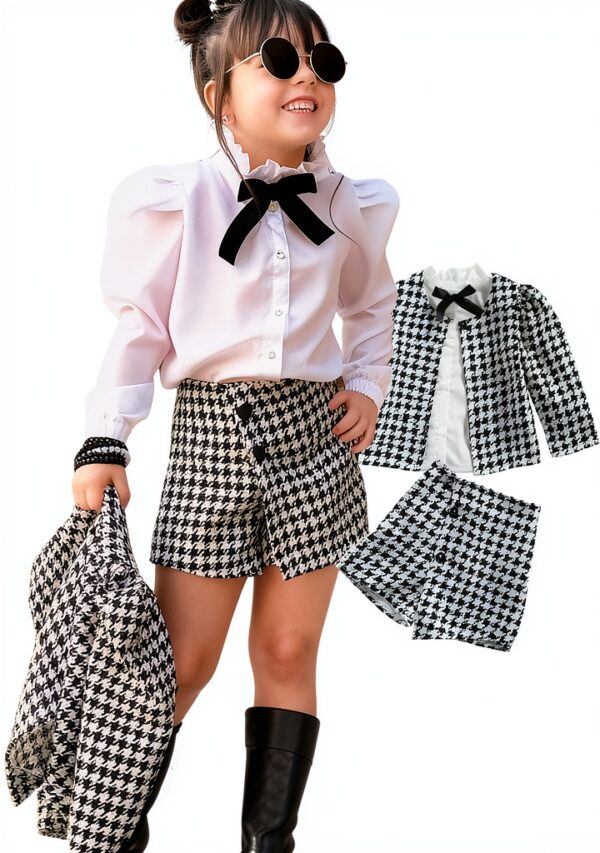 LXXIASHI Baby Girl Outfit Plaid Cardigan Bow Tie Shirt-0