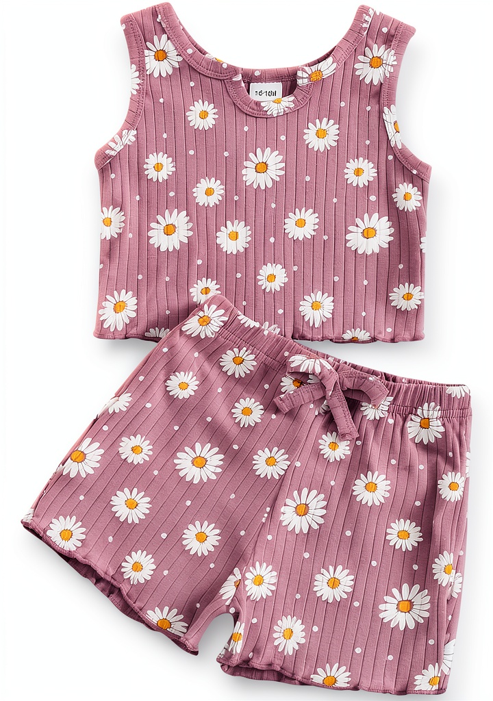 Baby girl wearing cotton flower print tank top and shorts set in a sunny garden