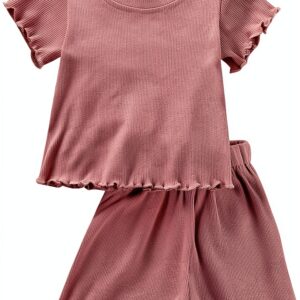 Baby Girls Knit Cotton Short Sets Soft Ruffle Summer Outfits-0