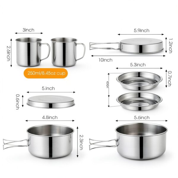 14 Piece Camp Cooking Set, Stainless Steel Camping Cookware with Pot and Pan Kit 2 Set Stainless Steel Cups Plates Forks Knives Spoons for Camping, Backpacking, Outdoor Cooking and Picnic-2