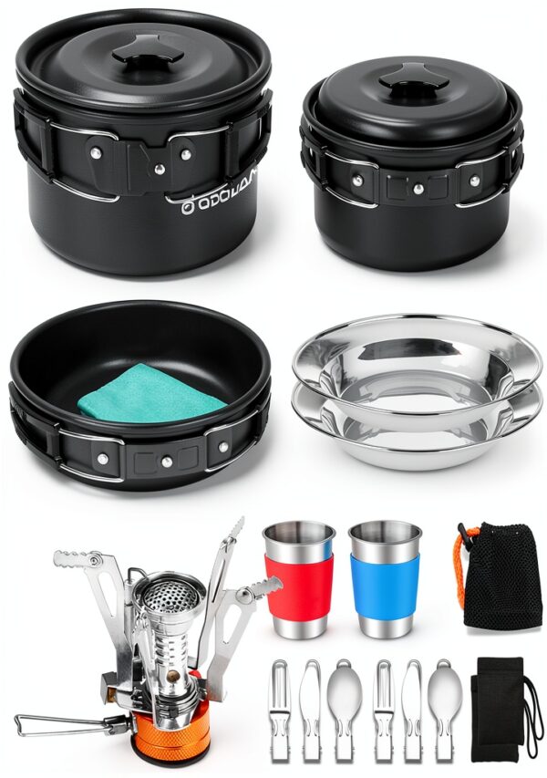 Camping Cookware Odoland 16pcs Mess Kit with Folding Stove-0