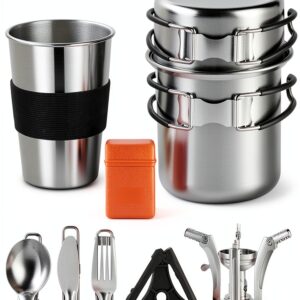 Camping Cookware Mess Kit, Stainless Steel Camping Cooking Set, Backpacking Cooking Set Backpacking Gear with Mini Stove for Camping,Backpacking,Picnic, Hiking-0