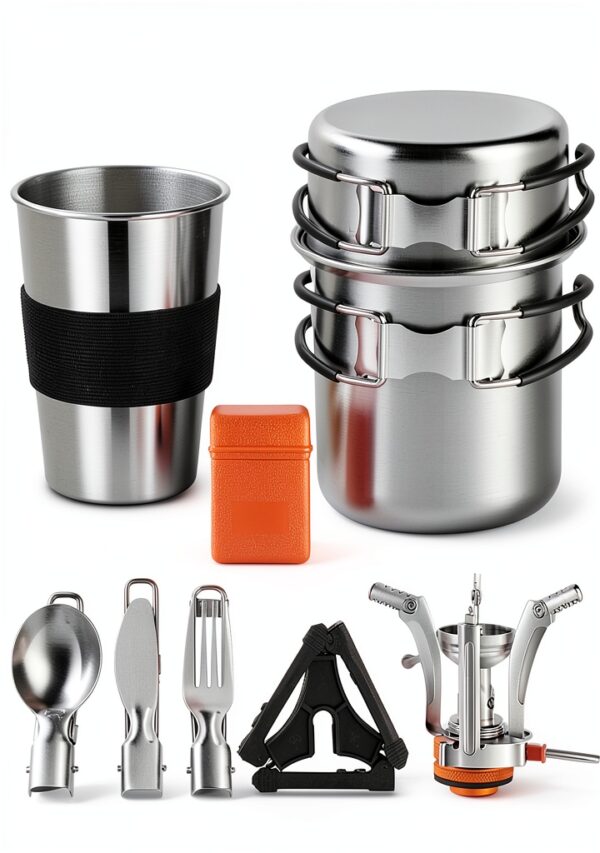 Camping Cookware Mess Kit, Stainless Steel Camping Cooking Set, Backpacking Cooking Set Backpacking Gear with Mini Stove for Camping,Backpacking,Picnic, Hiking-0
