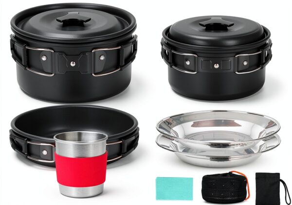 Camping Cookware Odoland 15pcs Mess Kit - Pot & Pan, Stainless Cutlery-0
