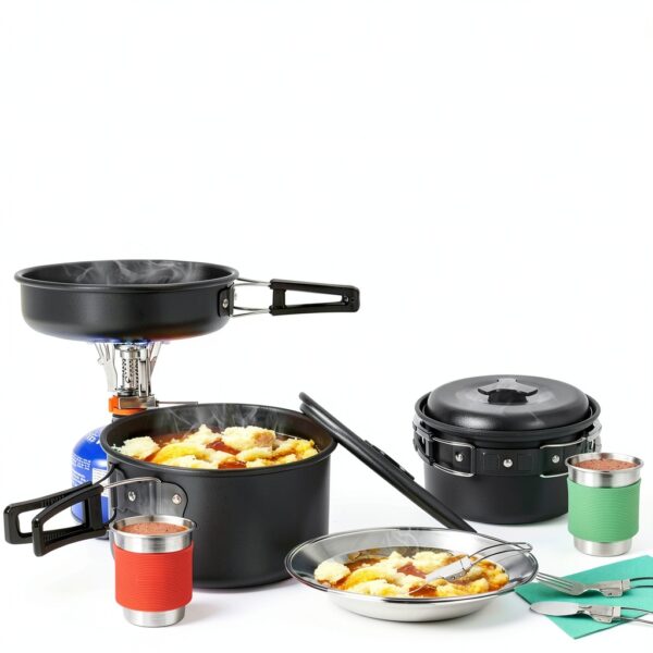 Camping Cookware Odoland 16pcs Mess Kit with Folding Stove-5