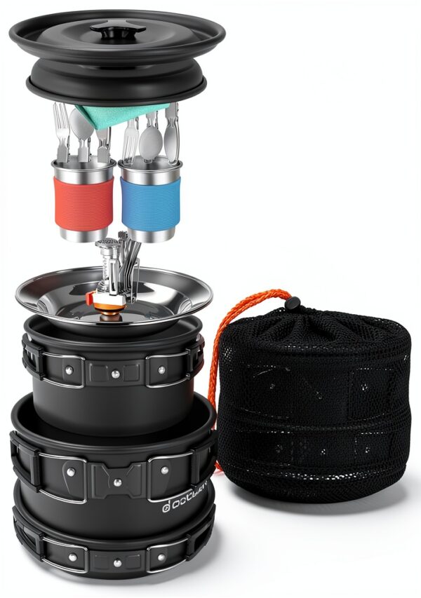 Camping Cookware Odoland 16pcs Mess Kit with Folding Stove-1