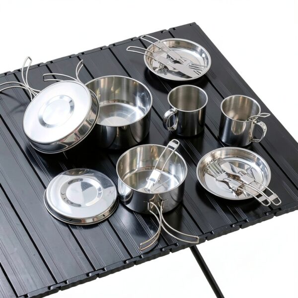 14 Piece Camp Cooking Set, Stainless Steel Camping Cookware with Pot and Pan Kit 2 Set Stainless Steel Cups Plates Forks Knives Spoons for Camping, Backpacking, Outdoor Cooking and Picnic-4