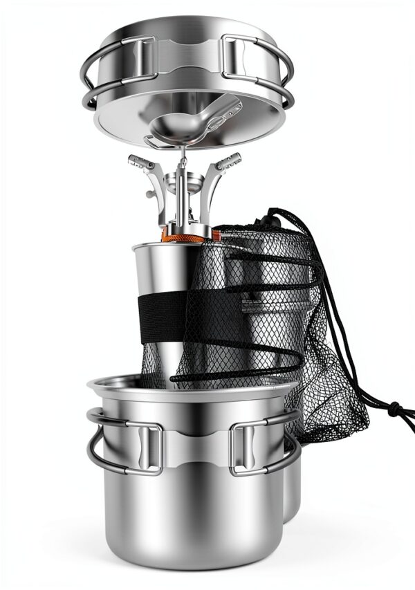Camping Cookware Mess Kit, Stainless Steel Camping Cooking Set, Backpacking Cooking Set Backpacking Gear with Mini Stove for Camping,Backpacking,Picnic, Hiking-2