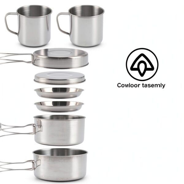 Camping Cookware Mess Kit, 8PCS Stainless Steel Pots & Pan Set with Plates Cups Lightweight Backpacking Cookware for Outdoor Camping Hiking and Picnic-2