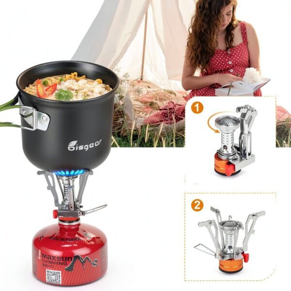 Bisgear Portable Backpacking Stove Canister Stand Tripod Stainless Steel Cup Flatware Mess Kit - Cooking Set - Camping Gear-3