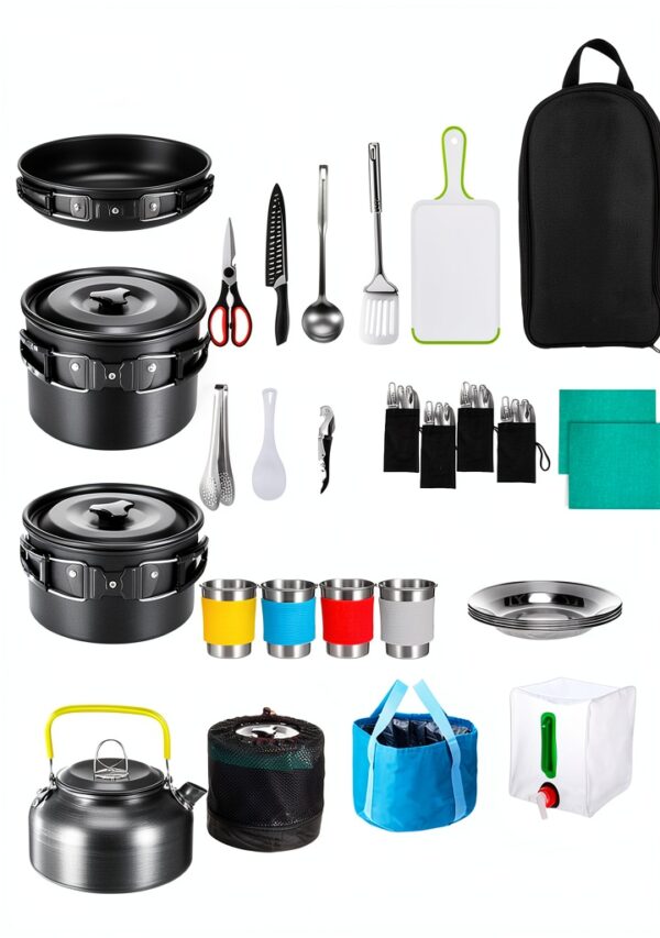 Gejoy 42 Pcs Camping Cookware Mess Kit, Non Stick Lightweight Pots Pan Kettle, Collapsible Water Container and Bucket, Stainless Steel Cups Plates Forks Knives Spoons for Outdoor Backpacking Picnic-1