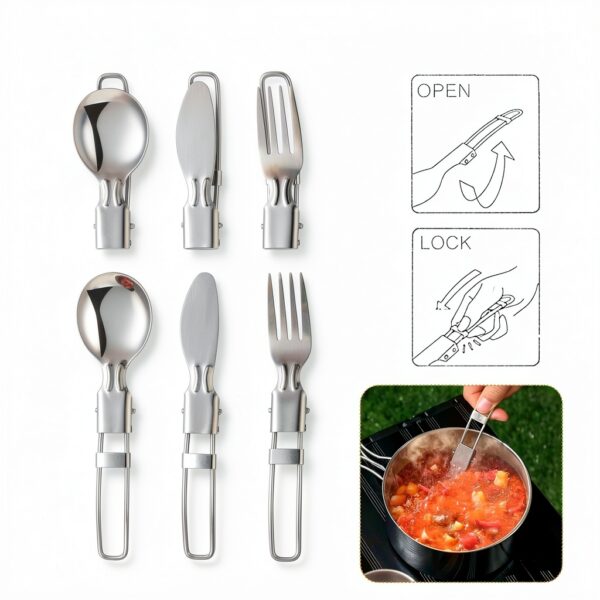 14 Piece Camp Cooking Set, Stainless Steel Camping Cookware with Pot and Pan Kit 2 Set Stainless Steel Cups Plates Forks Knives Spoons for Camping, Backpacking, Outdoor Cooking and Picnic-3