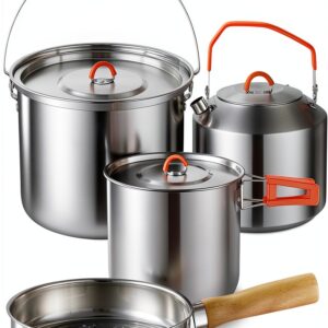 Camping Cookware Set,Camping Cooking Set,304 Stainless Steel Camping Pots and Pans Set,Durable Camping Gear with Kettle for Hiking Outdoor Cooking Picnics-0