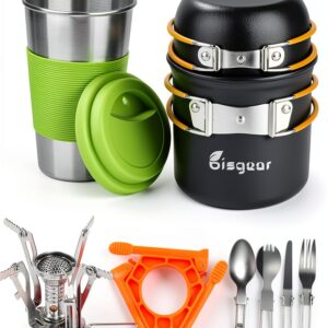 Bisgear Portable Backpacking Stove Canister Stand Tripod Stainless Steel Cup Flatware Mess Kit - Cooking Set - Camping Gear-0