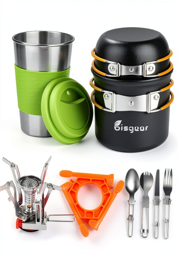 Bisgear Portable Backpacking Stove Canister Stand Tripod Stainless Steel Cup Flatware Mess Kit - Cooking Set - Camping Gear-0