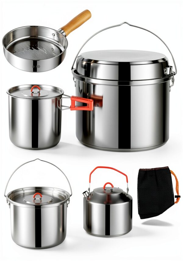 Camping Cookware Set,Camping Cooking Set,304 Stainless Steel Camping Pots and Pans Set,Durable Camping Gear with Kettle for Hiking Outdoor Cooking Picnics-3