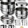 14 Piece Camp Cooking Set, Stainless Steel Camping Cookware with Pot and Pan Kit 2 Set Stainless Steel Cups Plates Forks Knives Spoons for Camping, Backpacking, Outdoor Cooking and Picnic-0