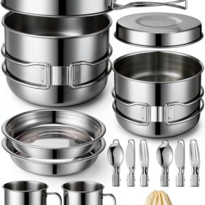 14 Piece Camp Cooking Set, Stainless Steel Camping Cookware with Pot and Pan Kit 2 Set Stainless Steel Cups Plates Forks Knives Spoons for Camping, Backpacking, Outdoor Cooking and Picnic-0