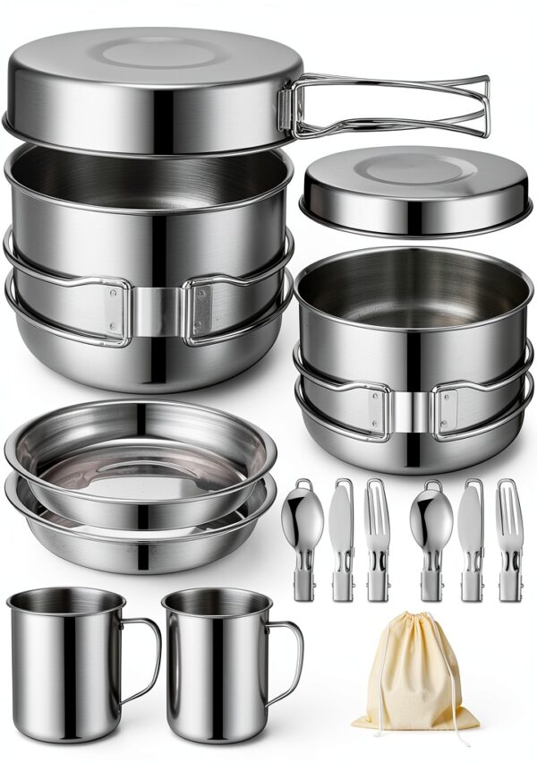 14 Piece Camp Cooking Set, Stainless Steel Camping Cookware with Pot and Pan Kit 2 Set Stainless Steel Cups Plates Forks Knives Spoons for Camping, Backpacking, Outdoor Cooking and Picnic-0