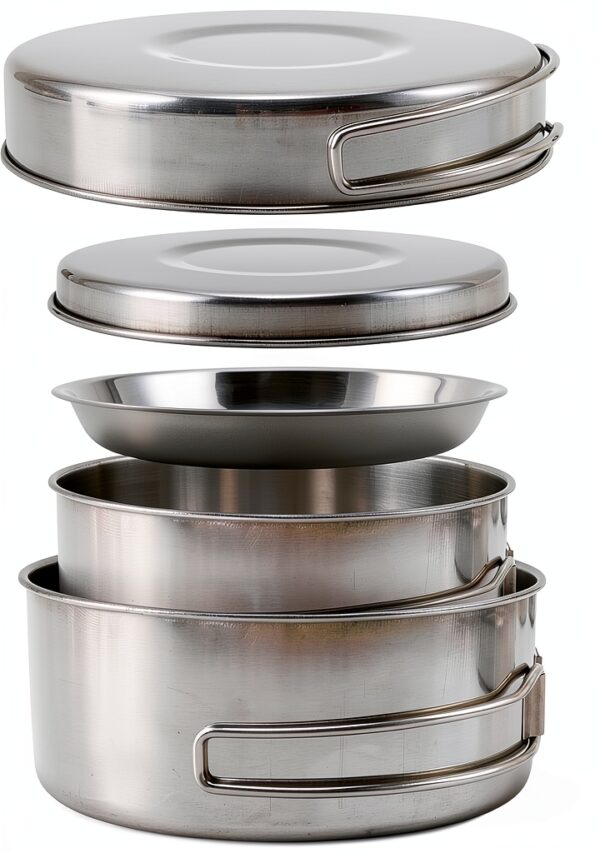 Camping Cookware Mess Kit, 8PCS Stainless Steel Pots & Pan Set with Plates Cups Lightweight Backpacking Cookware for Outdoor Camping Hiking and Picnic-3