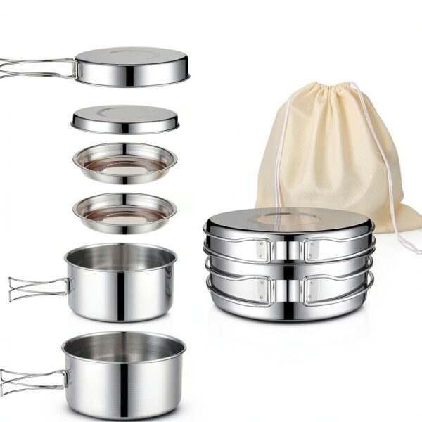 14 Piece Camp Cooking Set, Stainless Steel Camping Cookware with Pot and Pan Kit 2 Set Stainless Steel Cups Plates Forks Knives Spoons for Camping, Backpacking, Outdoor Cooking and Picnic-1