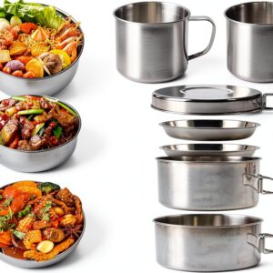Camping Cookware Mess Kit, 8PCS Stainless Steel Pots & Pan Set with Plates Cups Lightweight Backpacking Cookware for Outdoor Camping Hiking and Picnic-0