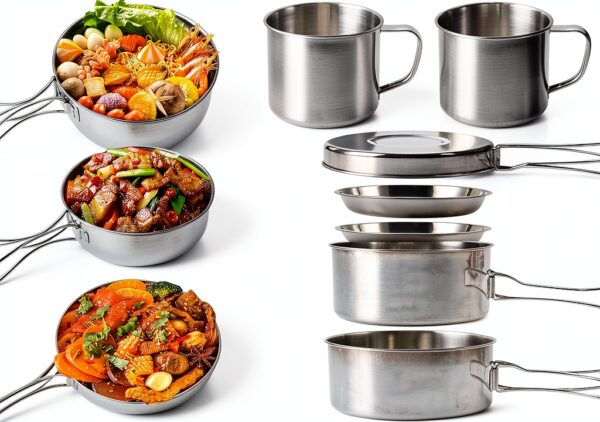 Camping Cookware Mess Kit, 8PCS Stainless Steel Pots & Pan Set with Plates Cups Lightweight Backpacking Cookware for Outdoor Camping Hiking and Picnic-0