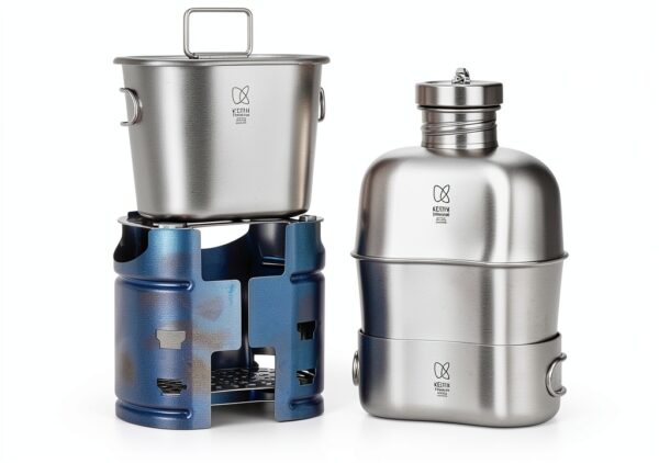 Keith Titanium Ti3061 Pro Plastic-Free Canteen Mess Kit with Stove – Grade 1 Titanium Cookset, 37 oz Bottle, 24 oz & 13.5 oz Cups, Custom MOLLE Field Carry Case with Premium Zippered Pouches-0