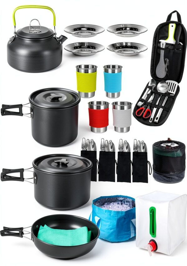 Gejoy 42 Pcs Camping Cookware Mess Kit, Non Stick Lightweight Pots Pan Kettle, Collapsible Water Container and Bucket, Stainless Steel Cups Plates Forks Knives Spoons for Outdoor Backpacking Picnic-0