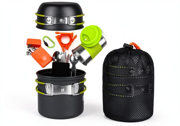 Bisgear Portable Backpacking Stove Canister Stand Tripod Stainless Steel Cup Flatware Mess Kit - Cooking Set - Camping Gear-4